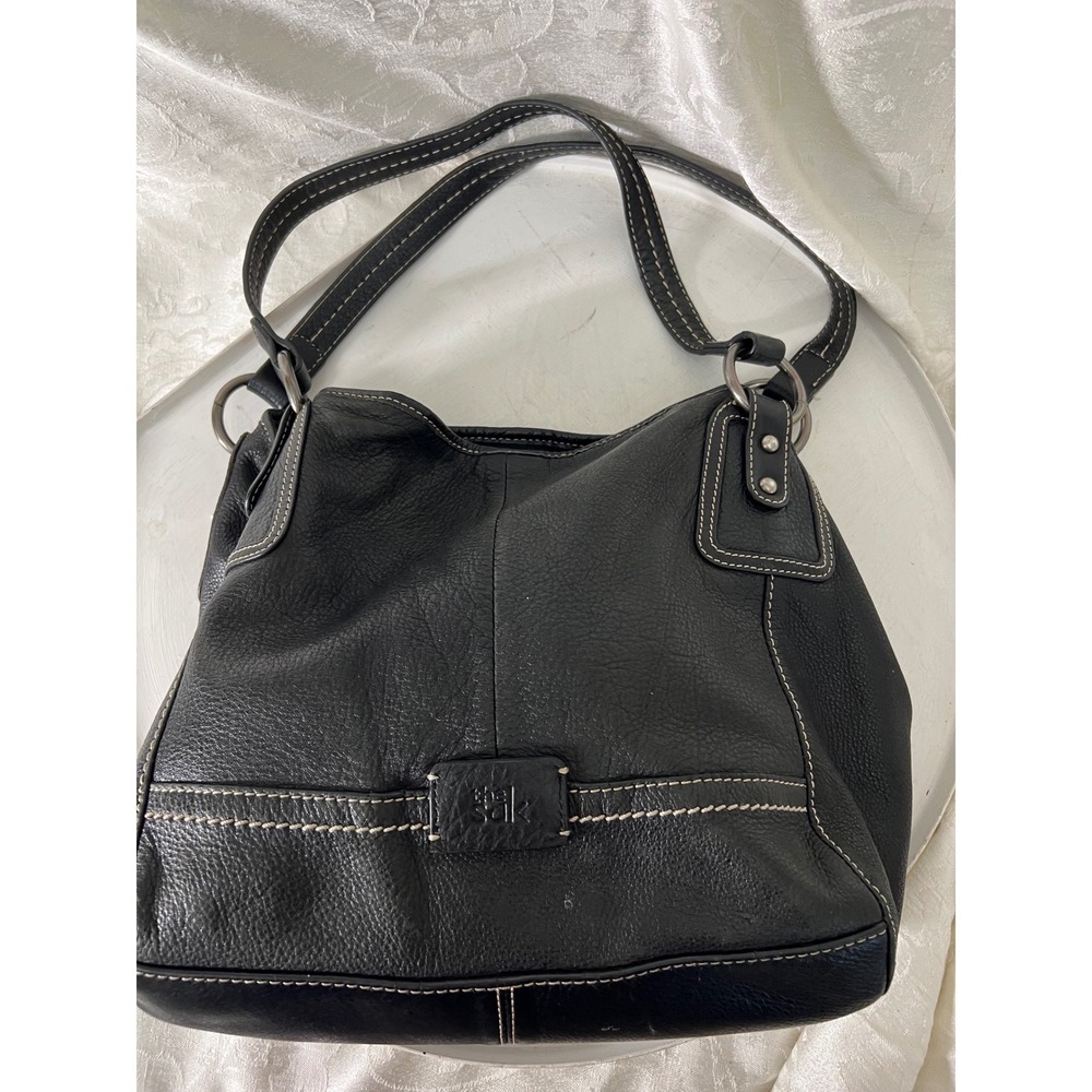 The Sak Black Pebbled Leather Shoulder Bag White Stitching Tote Hobo